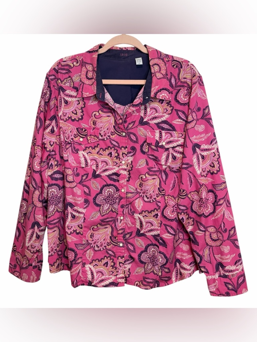 IZOD Paisley Print Cotton Snap Front Western Yoke Long-Sleeve Top, 2X